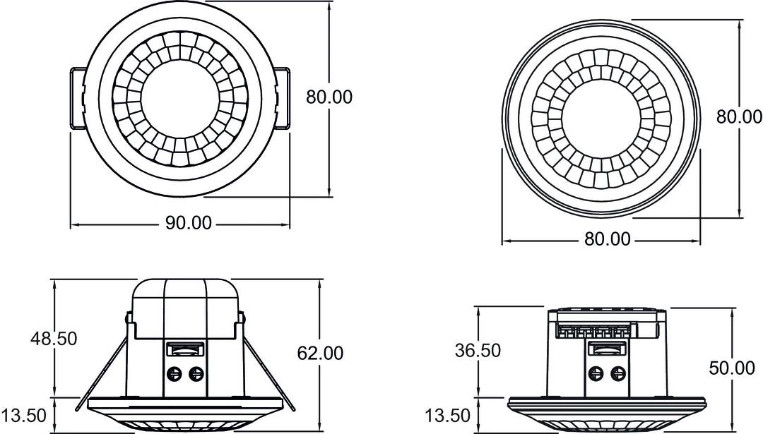 Technische Zeichnung eines zylindrischen Geräts mit Abmessungen: Durchmesser 80, Höhe 62. Seitenansicht zeigt Details.