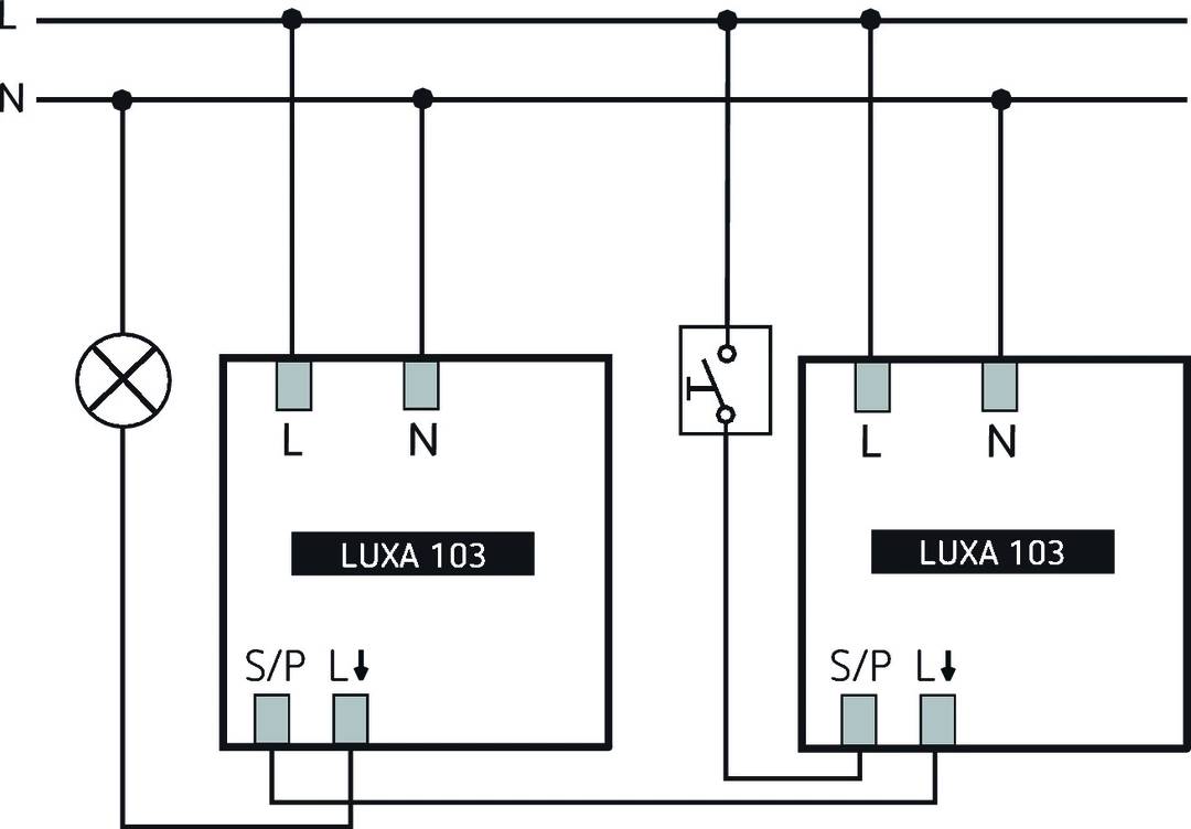 Schaltplan zeigt zwei LUXA 103 Sensoren mit S/P-Anschluss. Jeder Sensor ist mit L und N verbunden, durch einen Schalter vereint.