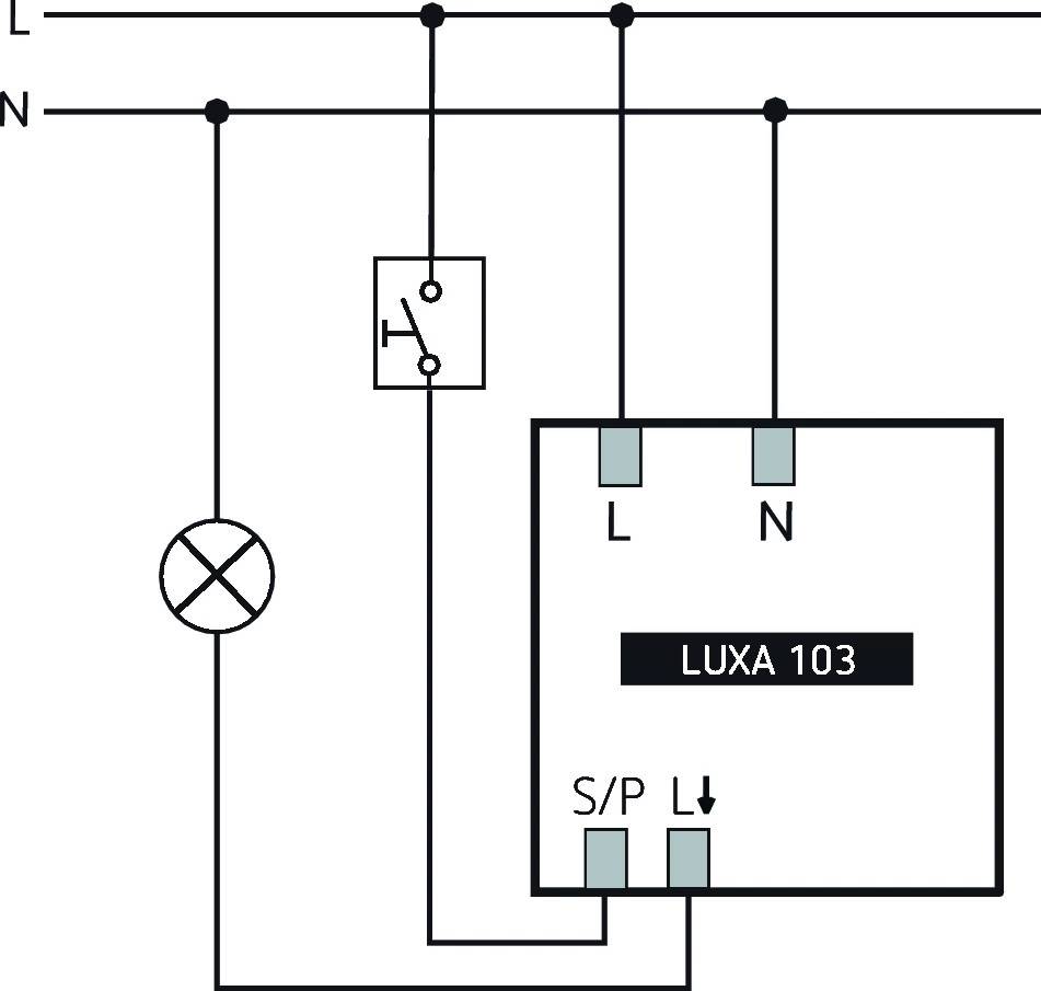Verdrahtungsschema für 'LUXA 103'. Zeigt die Verbindung von Lampen, Schaltern und Stromkreisen (L, N, S/P).