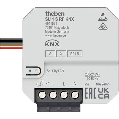 Ein weißes KNX-Modul mit vier Anschlussklemmen. Aufschrift: 'SU 1 S RF KNX' und weitere technische Spezifikationen.
