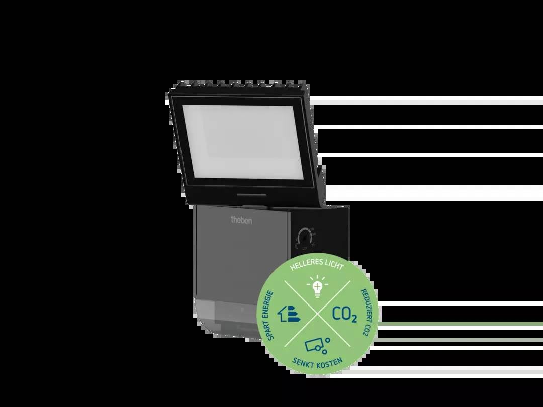 Helle LED-Leuchte mit aufklappbarem Gehäuse. Grünes Siegel zeigt Vorteile wie Energieeinsparung, helleres Licht und CO2-Reduzierung.