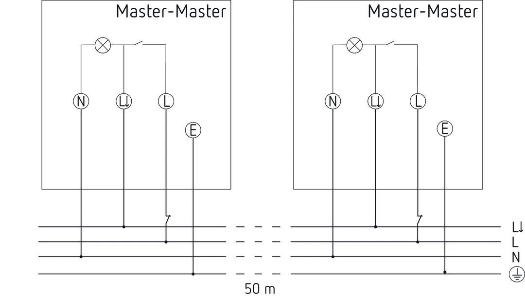 Schaltplan zeigt zwei Schaltkreise: Links 'Master-Master', rechts 'Master'. Beide mit Symbolen für Lampen, Schalter und Leitungen.
