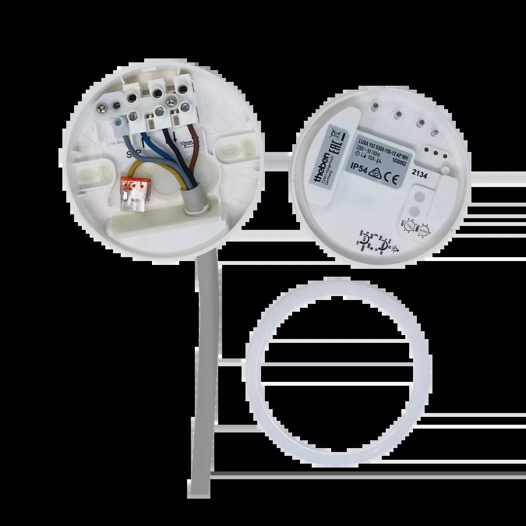 Runde, weiße elektrische Anschlussdose mit geöffnetem Deckel, die innere Verkabelung zeigt. Zwei Kabel führen in die Dose hinein.