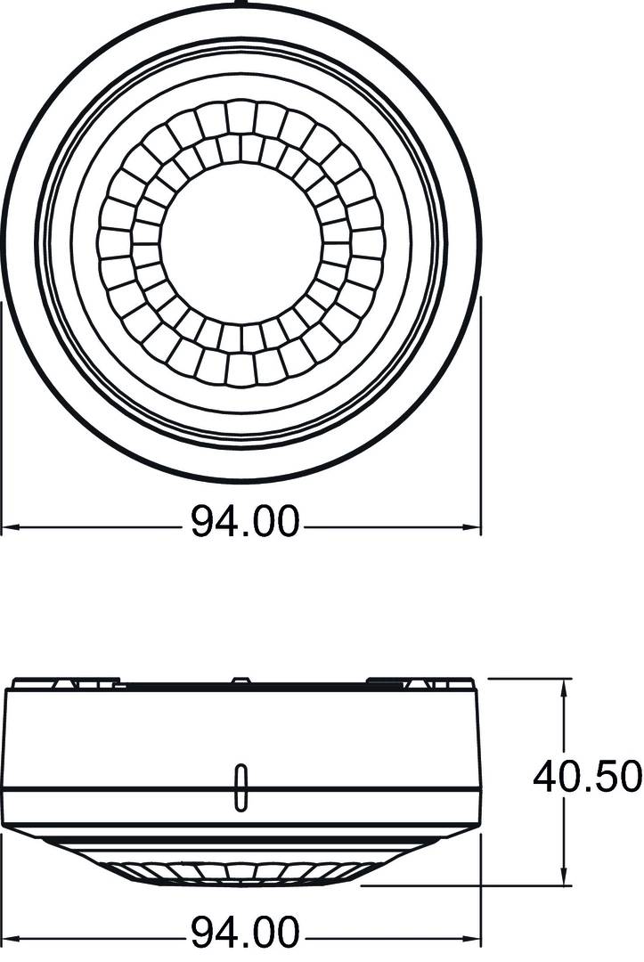 Technische Zeichnung eines runden Bauteils mit einem Durchmesser von 94 mm und einer Höhe von 40,5 mm. Draufsicht und Seitenansicht werden gezeigt.