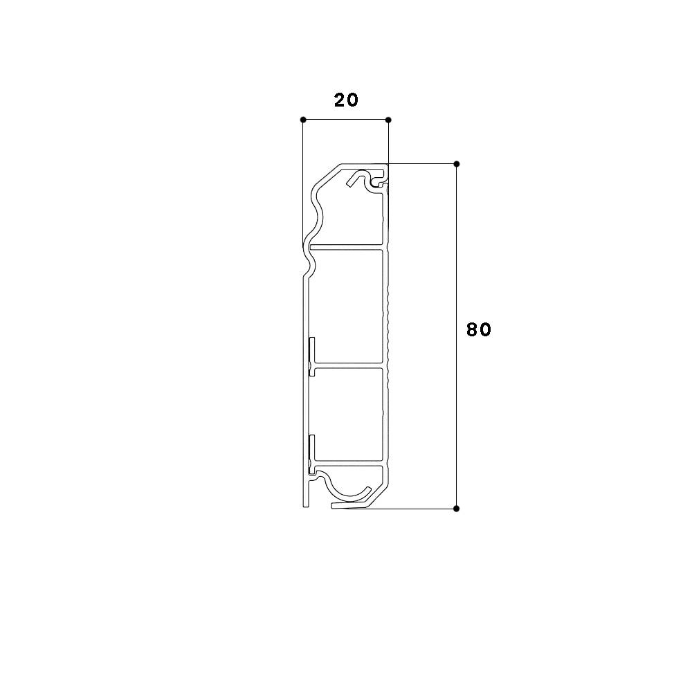 Querschnittszeichnung eines metallischen Profils mit Maßen: Breite 20 mm, Höhe 80 mm.