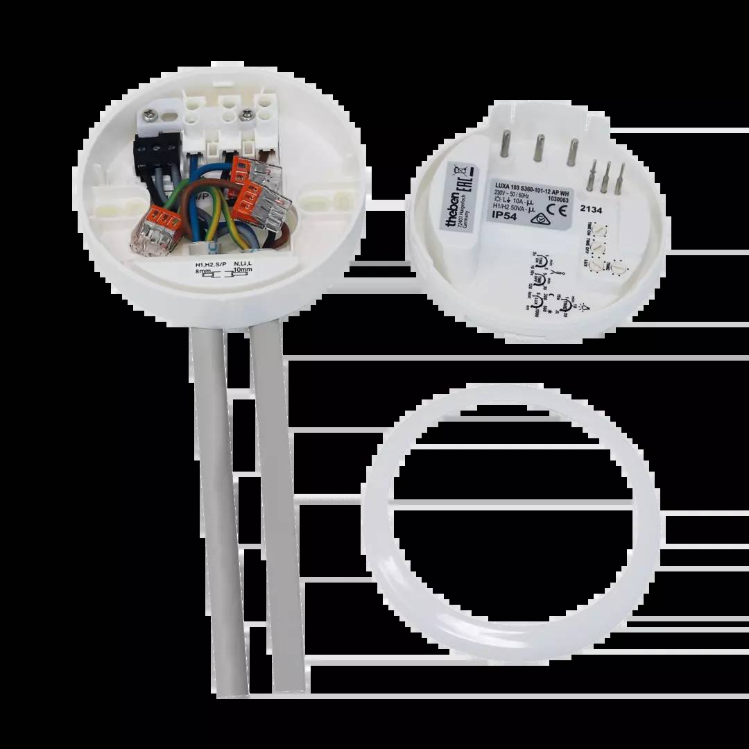 Ein runder elektrischer Anschluss mit offenem Innenraum, der mehrere Kabel und Klemmen zeigt. Daneben ein abgenommener Deckel und ein Dichtungsring.