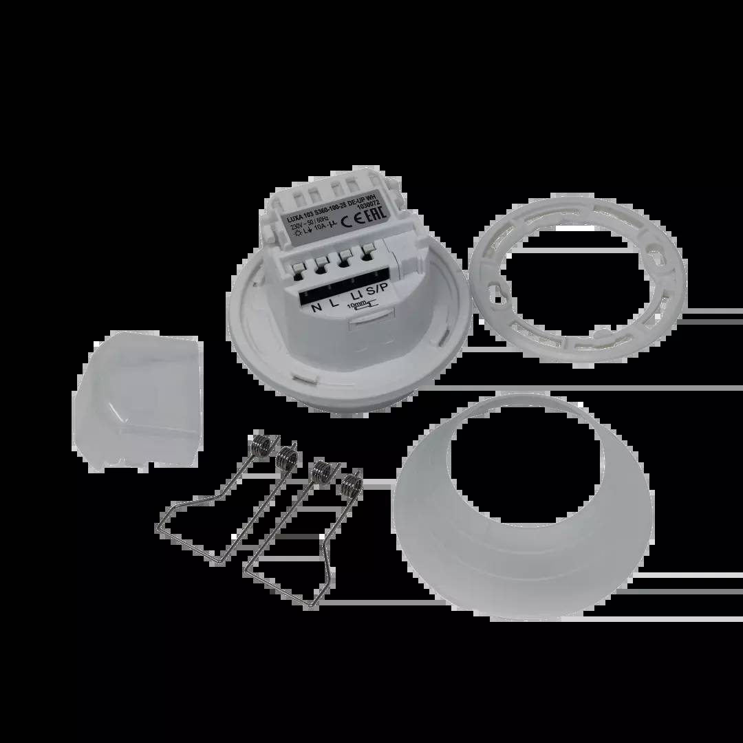 Ein zerlegter LED-Deckeneinbauspot zeigt Gehäuse, Halteklammern und elektrischen Anschluss. Geeignet für Innenraumbelichtung.