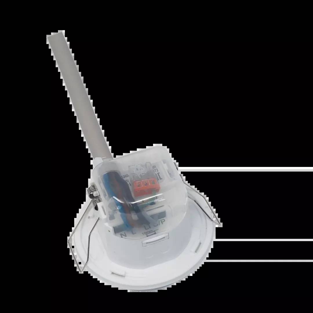 Ein elektrisches Bauteil mit einem weißen Gehäuse und sichtbaren Drähten und Anschlüssen, auf einem schwarzen Hintergrund.