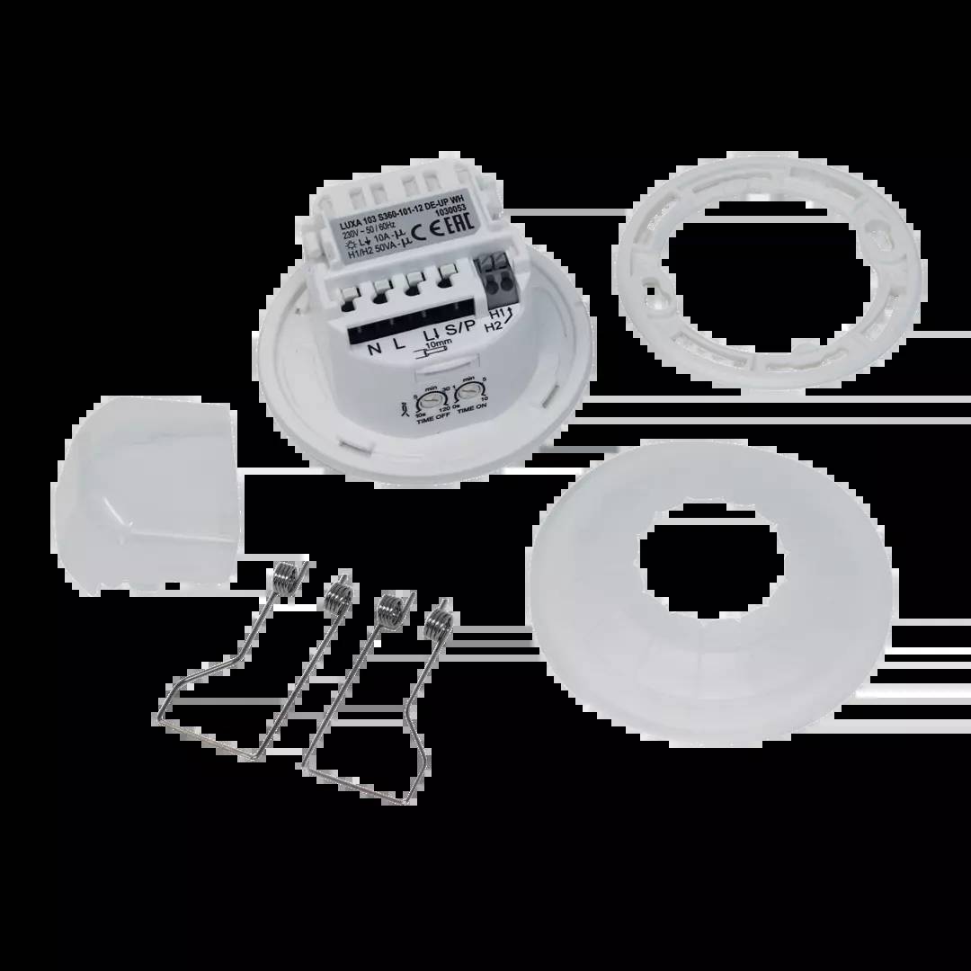 Ein Smartwares-Installationskit mit mehreren weißen und silbernen Komponenten zur Montage und Verkabelung eines elektrischen Geräts.