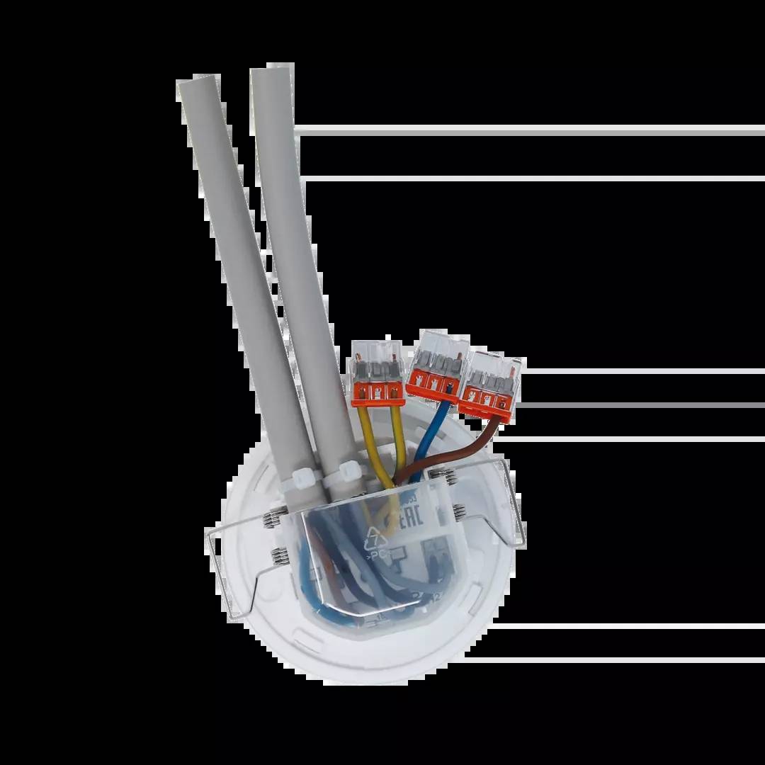 Zwei weiße Kabel, verbunden mit einem transparenten Verteilerkasten. Drei bunte Klemmen sind angeschlossen, sichtbar auf schwarzem Hintergrund.