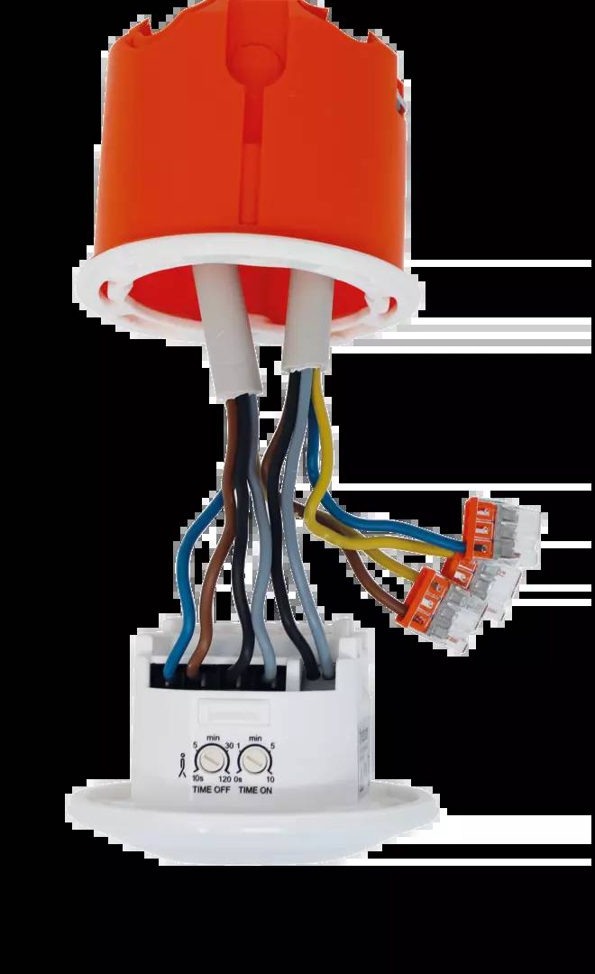 'Nahaufnahme eines elektrischen Verbindungsmoduls mit farbigen Drähten, die in Klemmen befestigt sind. Auf schwarzem Hintergrund.'