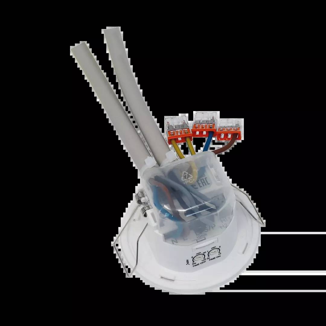 Ein runder, weißer Deckenanschluss mit Kabeln und farblich gekennzeichneten Anschlüssen für den elektrischen Anschluss.