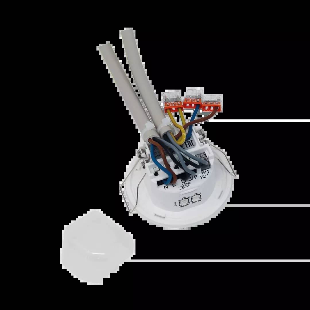 Elektroklemme mit mehreren farbigen Drähten. Zwei graue Kabel führen zur Klemme. Kunststoffabdeckung liegt daneben.