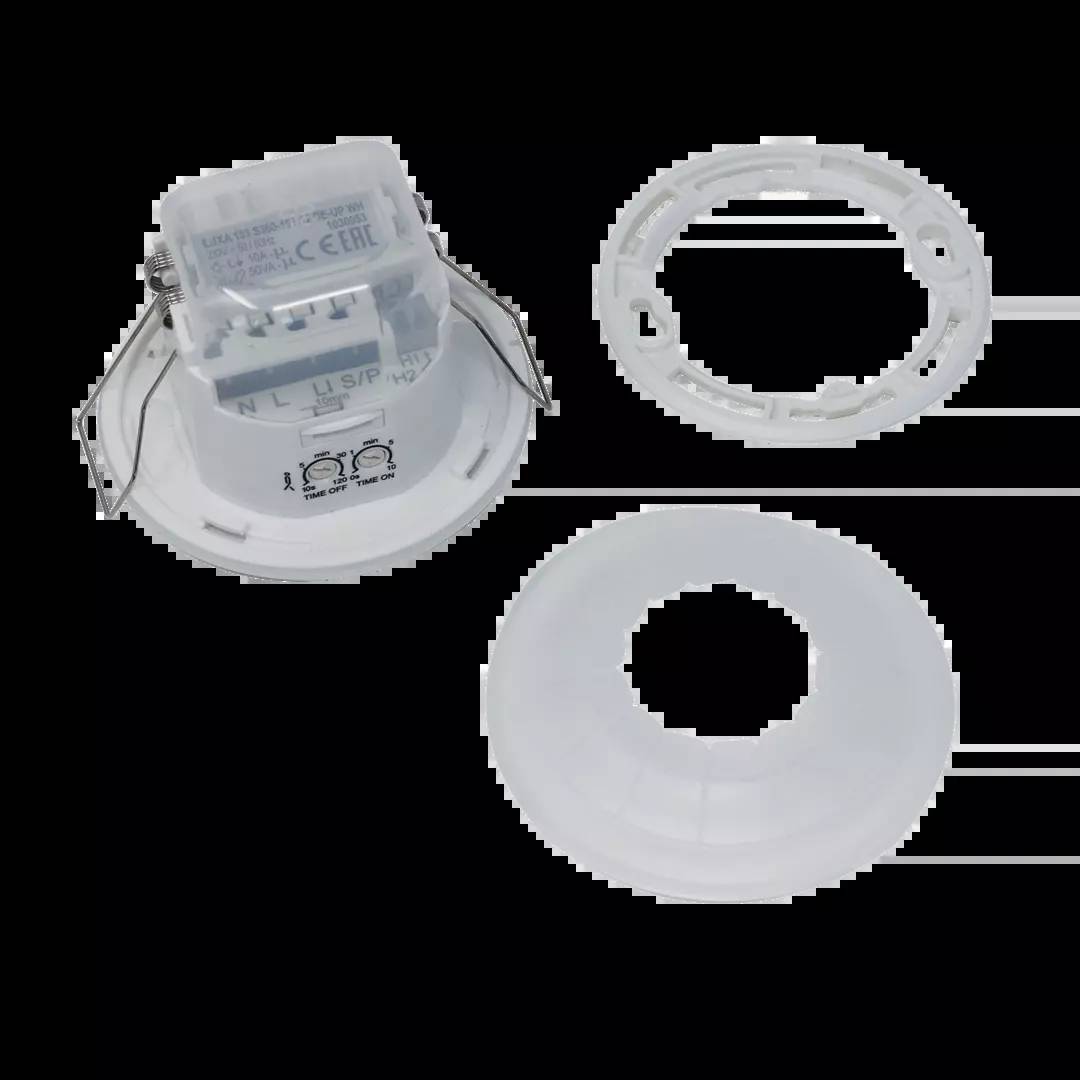 Kunststoffteile eines elektronischen Gerätes mit CE-Zeichen. Der Hauptkörper enthält elektrische Komponenten, umgeben von kreisförmigen Abdeckungen.