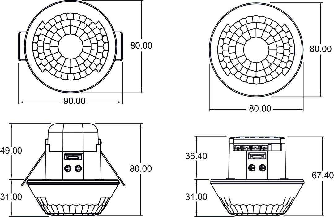 Technische Zeichnung eines runden LED-Strahlers mit Maßangaben: Durchmesser 80 mm, Höhe 31 mm, Seitenansicht zeigt Aufbau.