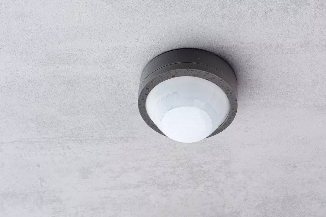 Ein weißer Rundum-Bewegungsmelder ist an einer grauen Wanddecke montiert, zur Erkennung von Bewegungen im Raum.