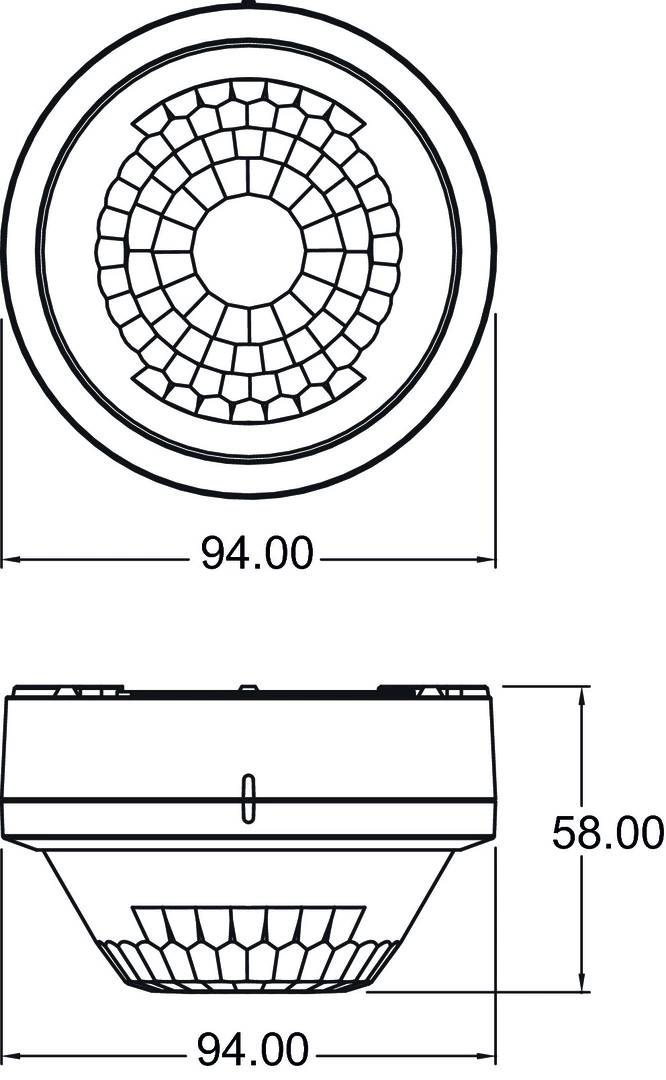 Technische Zeichnung eines runden Geräts mit Maßen: Durchmesser 94 mm, Höhe 58 mm. Oben: Kreisstruktur; Seite: flacher Querschnitt.