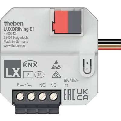 Elektronisches Modul 'theben LUXORliving E1', grau mit mehreren Schnittstellen, hergestellt in Deutschland für Smart-Home-Steuerung.