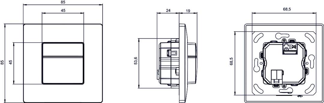 Seitenansicht eines technischen Schaltplans mit Abmessungen: Breite 24 mm, Höhe 53,6 mm. Zeigt Details eines Steckverbinders.