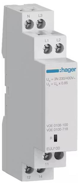 Elektrisches Relais von Hager, Modell und Spannungsangaben darauf sichtbar. Geeignet zur Steuerung von elektrischen Lasten.