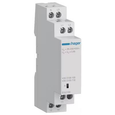Elektrisches Relais von Hager, Modell und Spannungsangaben darauf sichtbar. Geeignet zur Steuerung von elektrischen Lasten.