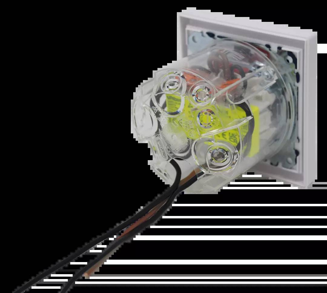 Durchsichtige Sicherheitssteckdose mit verwobener Kabelverbindung, die die interne Verkabelung und Schutzmechanismen zeigt.