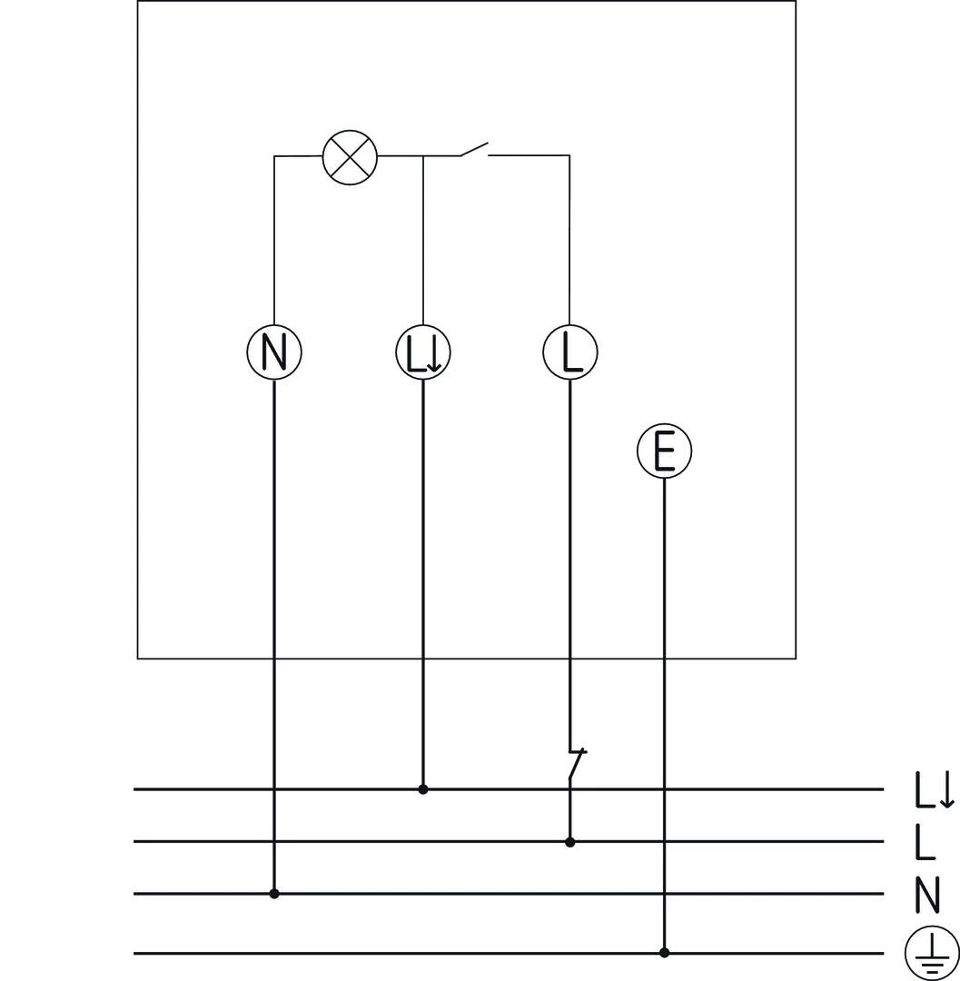 Schaltplan zeigt Verbindung: Lampe (Kreis mit 'X'), Schalter unterbricht Leitung 'L', Neutralleiter 'N', Erdung 'E' rechts.