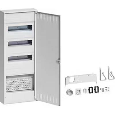 Offener Verteilerkasten mit drei Montageleisten und Zubehör wie Schrauben und Befestigungswinkel, geeignet für Elektroinstallationen.