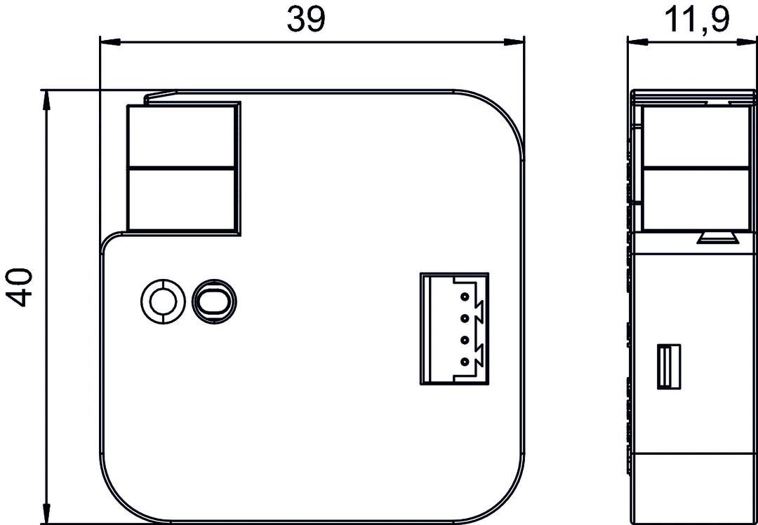 Technische Zeichnung eines quadratischen Bauteils mit abgerundeten Ecken, zwei Anschlüssen und Maßen, Breite: 39 Einheiten.