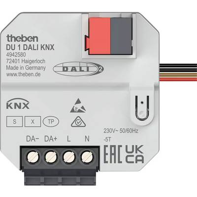 Ein KNX-DALI-Gateway-Modul von Theben, Modell DU 1. Verbindungselemente und Anschlüsse sichtbar. Made in Germany' aufgedruckt.