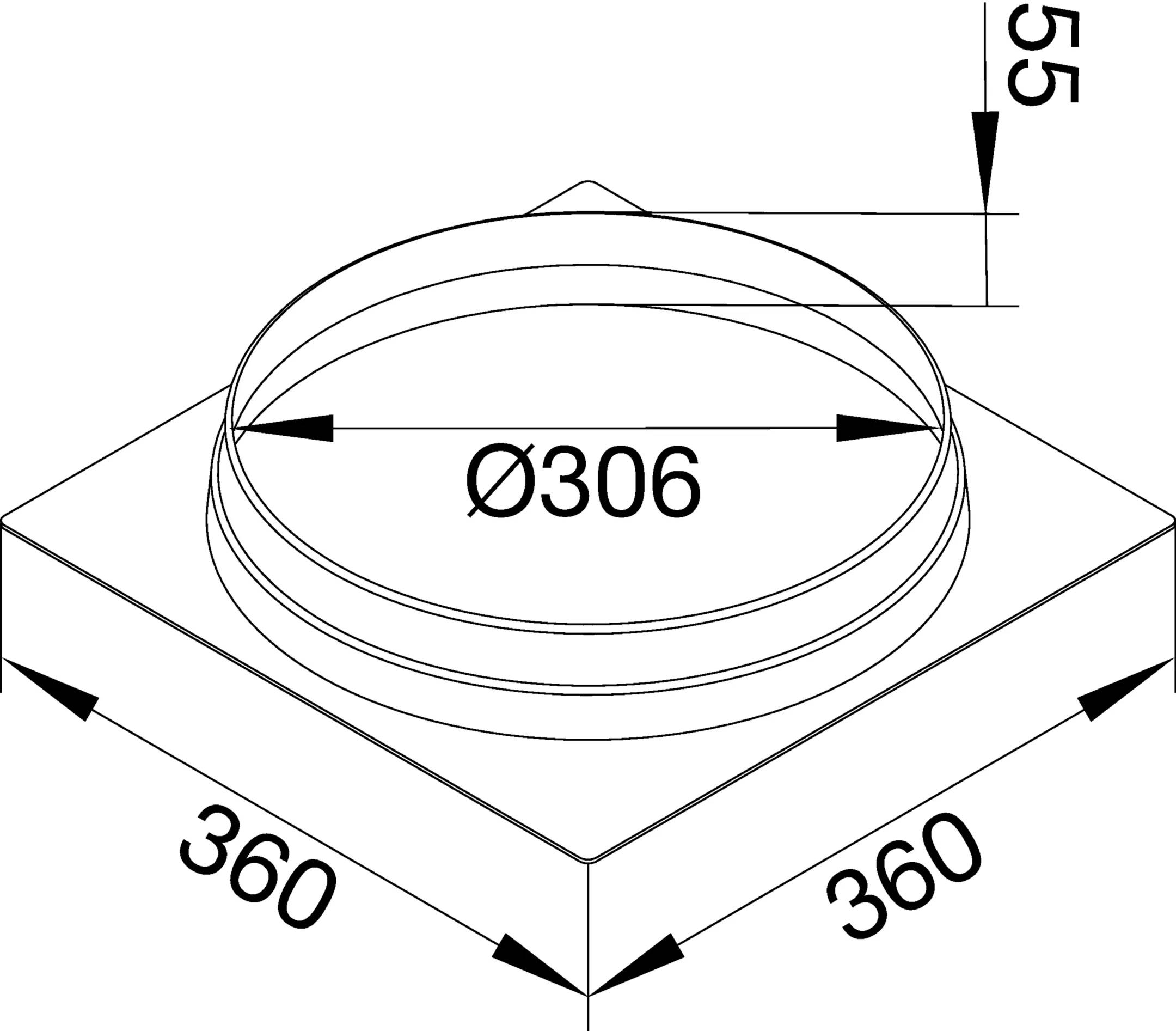 Technische Zeichnung eines kreisförmigen Objekts mit einem Durchmesser von 306 mm und einer Höhe von 55 mm auf einer quadratischen Basis von 360 mm.