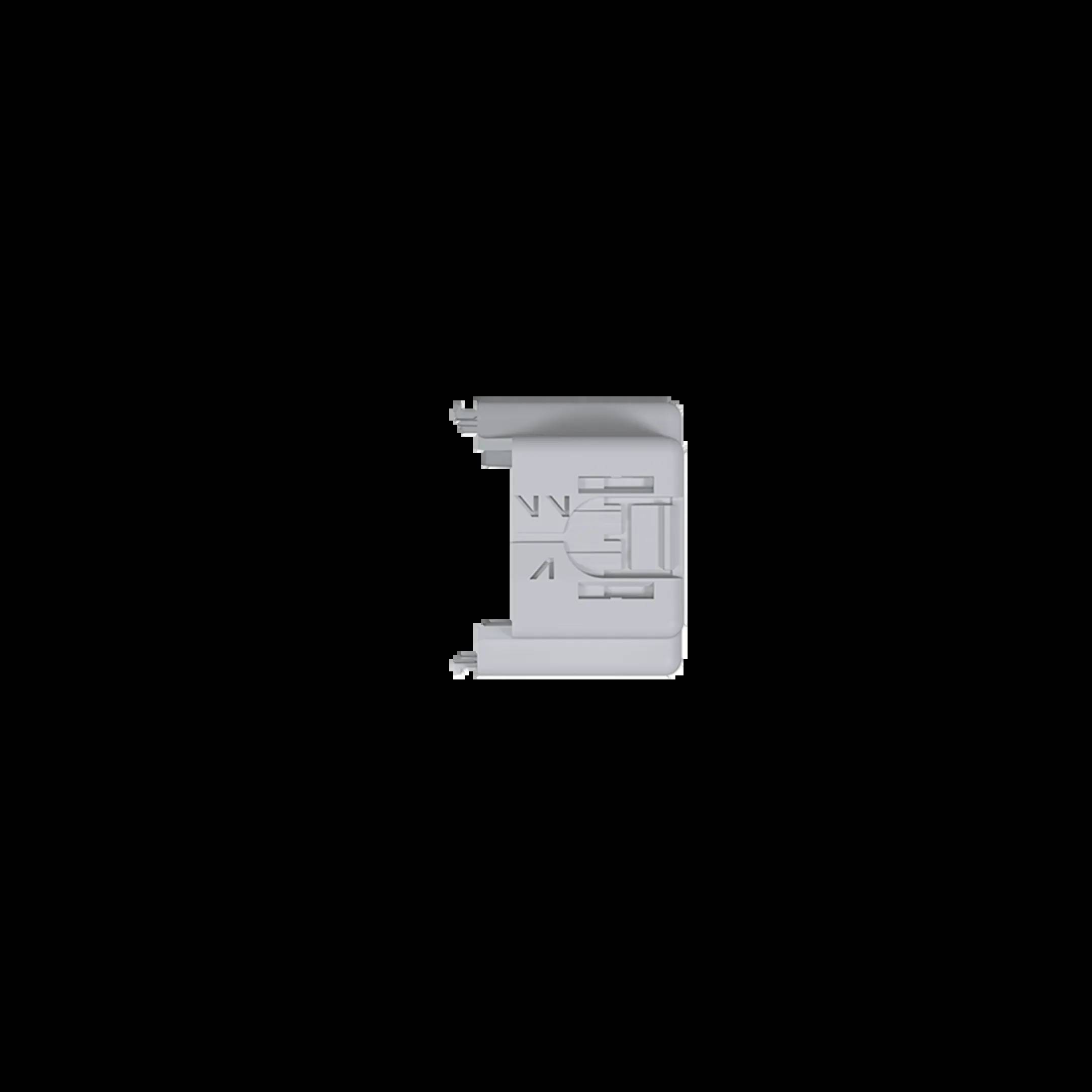 Weiße, rechteckige elektrische Komponente auf schwarzem Hintergrund, evtl. ein Adapter oder Stecker.