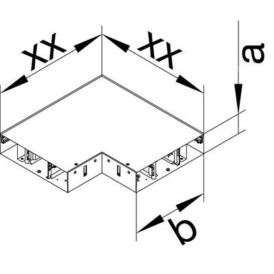 Detailreiche technische Zeichnung eines rechteckigen Bauteils mit Bemaßungen in zwei Richtungen. Die Länge ist 'a', die Breite 'b'.