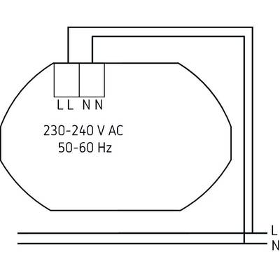 Elektrischer Schaltplan mit Spannung '230-240 V AC' und Frequenz '50-60 Hz'. Anschlüsse mit 'L', 'N' gekennzeichnet.