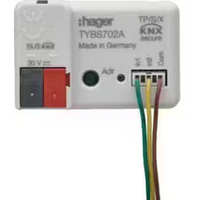 Ein Hager TYBS702A KNX-Busankoppler. Aufschrift 'Made in Germany'. Enthält Anschlüsse für Busleitungen, mit roten, schwarzen und anderen Kabeln.