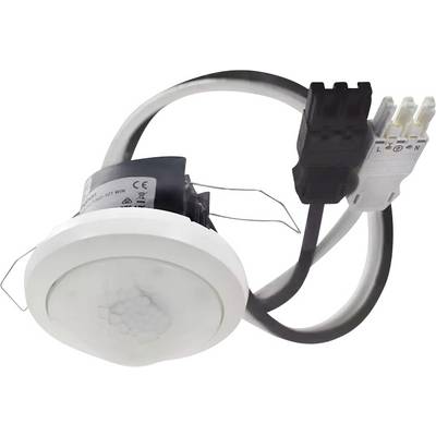 Bewegungsmelder mit rundem, weißen Sensor und schwarzem Kabel. Geeignet für Deckenmontage zur Aktivierung von Beleuchtung bei Bewegung.
