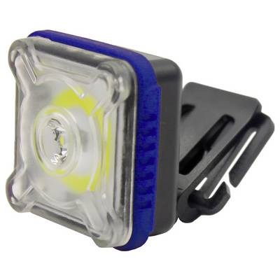 Eine kleine, quadratische LED-Fahrradleuchte mit transparentem Gehäuse und Befestigungsclip.