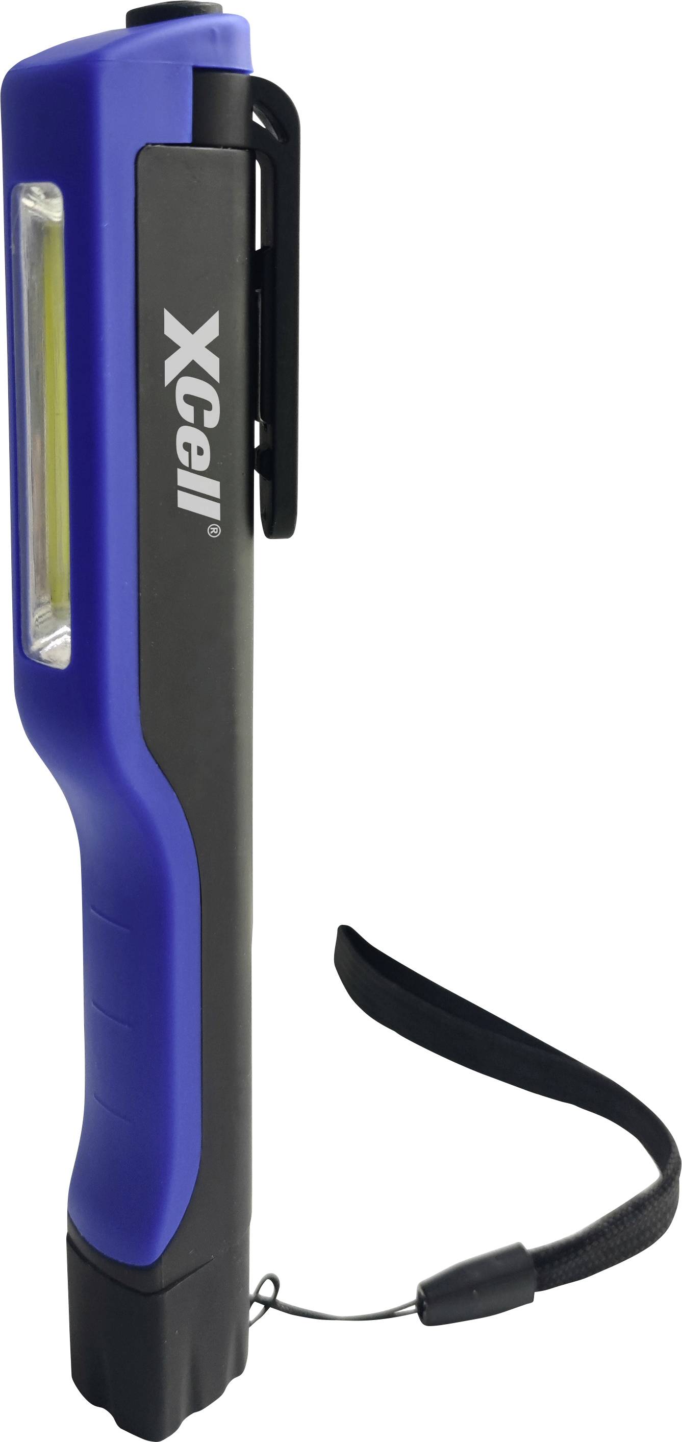 Schlanke, blaue LED-Taschenlampe mit Clip und Trageschlaufe, steht aufrecht. Marke 'Xcell' entlang des Griffs.