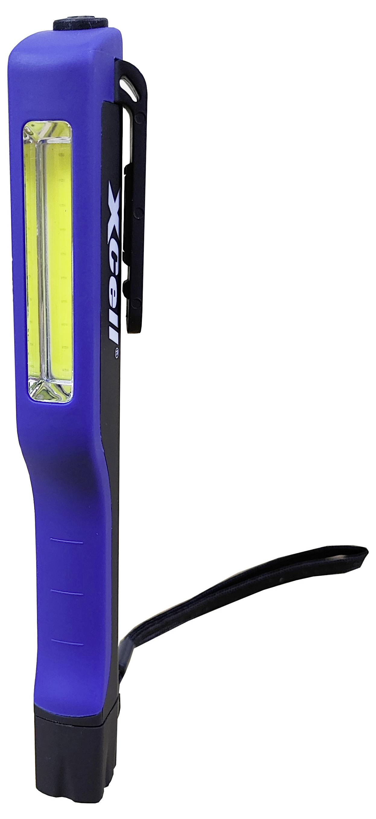 Ein blauer, schlanker, tragbarer LED-Stift mit Clip, gekennzeichnet mit 'Xcell'. Perfekt zum einfachen Transport und zur Beleuchtung.