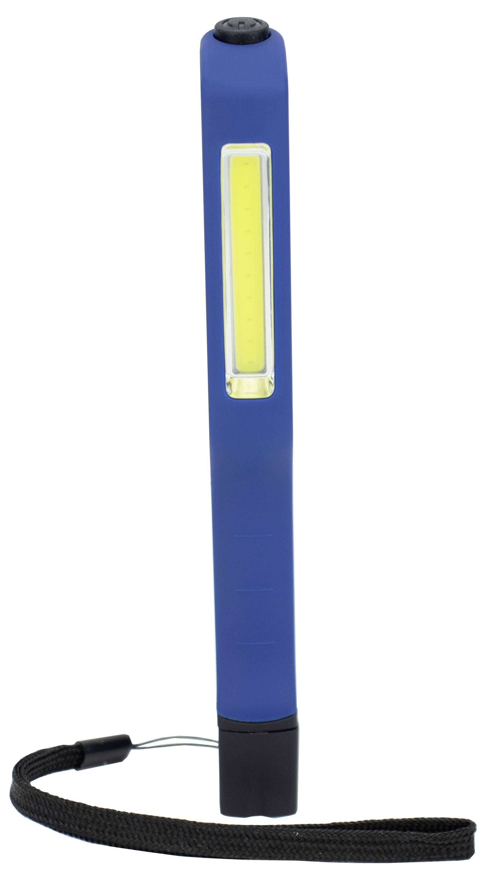 Blaue, schlanke Taschenlampe mit LED-Streifen und Handschlaufe, geeignet für praktische Beleuchtung in dunklen Umgebungen.
