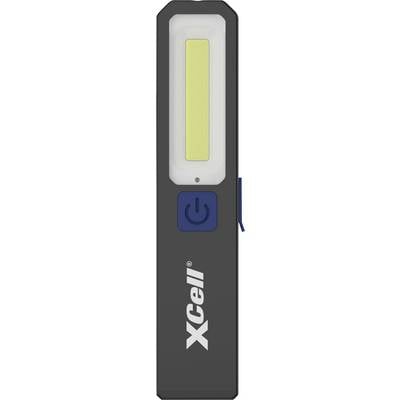 Schwarze Taschenlampe der Marke XCell mit gelbem Lichtpanel und blauem Einschaltknopf, kompakt und schlankes Design.