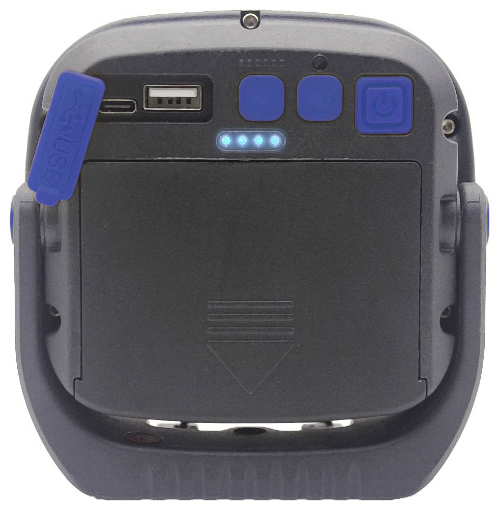 Die Rückseite eines grauen Geräts mit blauen Tasten und USB-Anschlüssen. Blaue LEDs zeigen den Ladezustand an.