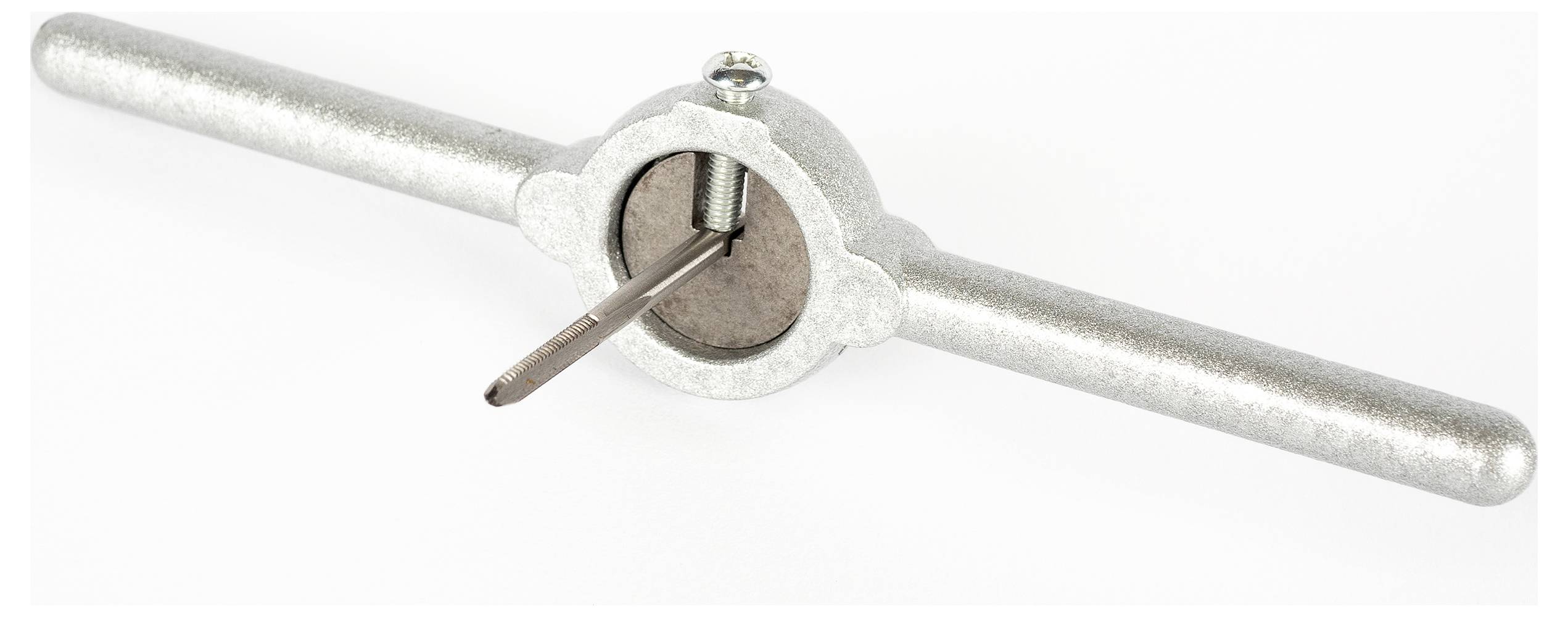 Metallischer Windeisenhalter mit Schraubeinsatz zur Aufnahme von Schneidwerkzeugen, auf weißem Hintergrund.