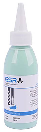 Eine weiße Flasche mit blauer Flüssigkeit. Auf dem Etikett steht 'GSR'. Eine Grafik zeigt ein Zahnrad.