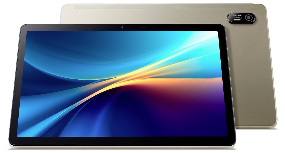 Ein schlankes, modernes Tablet mit einem leuchtend bunten Display und einem dezenten, stilvollen Gehäuse in goldener Farbe.