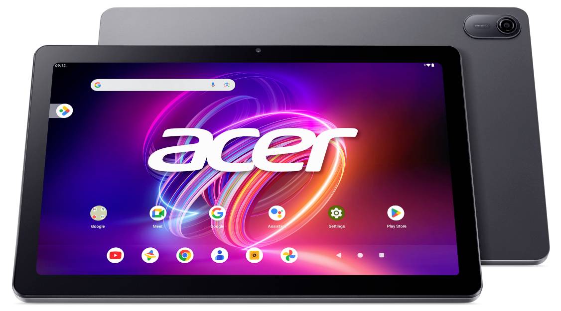 Ein schwarzes Acer-Tablet mit farbenfrohem Bildschirm zeigt das Acer-Logo und mehrere App-Symbole. Im Hintergrund ein zweites Gerät.