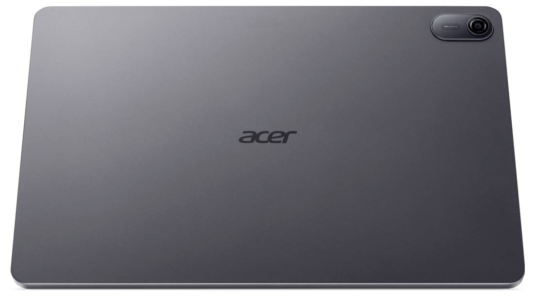 Ein graues Acer-Tablet von hinten, zeigt die Kamera oben rechts und das Acer-Logo in der Mitte.
