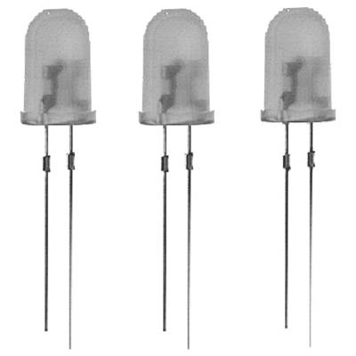Drei transparente Leuchtdioden (LEDs) mit sichtbaren Anschlüssen, angeordnet in einer Reihe.