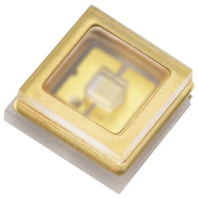 Ein quadratischer elektrischer Bauteil mit goldenem Gehäuse und transparentem oberen Teil, der einen zentralen Mikrochip zeigt.