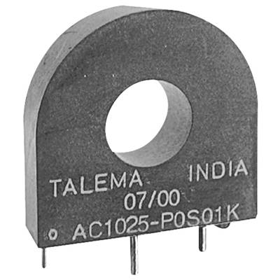 Ein grauer Ringkerntransformator mit der Aufschrift 'Talema India 07/00 AC1025-POS01K'. Hat drei Anschluss-Pins unten.